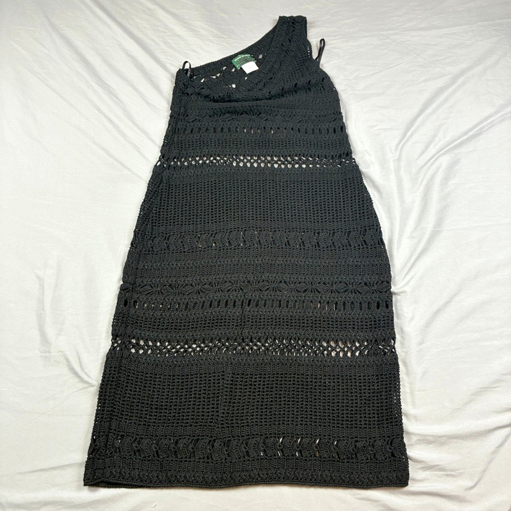 Lauren Ralph Lauren One Shoulder Crochet Dress Black Hand Knit Mini VTG Small